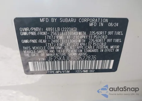 2024 Subaru Forester Wilderness из США, поврежденный, VIN JF2SKAJC8RH522876